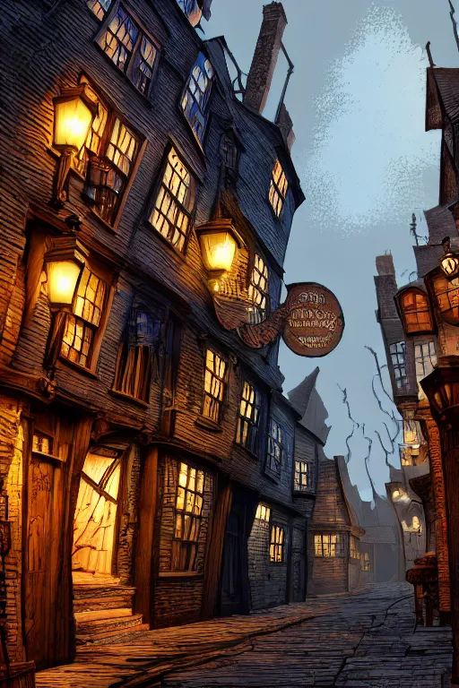 Image similar to a beautiful woodcut print of diagon alley, 8 k, frostbite 3 engine, cryengine, dof, trending on artstation, digital art, crepuscular ray, art by fossi _ images and tugboat printshop