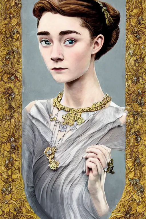 Prompt: a full body art nouveau portrait of a 16-year old girl who resembles Audrey Hepburn and Saoirse Ronan with a worried, intense gaze and slightly opened mouth, wearing sheer silks and ornate intricate iridescent mother-of-pearl jewelry, intricate, elegant, highly detailed, digital painting, artstation, concept art, smooth, sharp focus, illustration, art by John William Waterhouse and Bouguereau and Donato Giancola and alphonse mucha