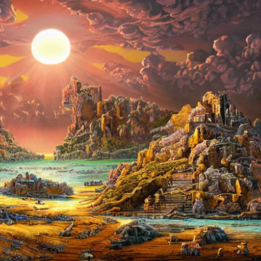 Image similar to the glory of old atlantis, which is an island in the middle of the Atlantic the size of Libya, with hills, mountains, a sun setting, fields being worked, oceans in the background, many tall trees, and a bit of desert in the scene. The civilization of atlantis has developed ancient advanced technologies such as mining, farming and medicine, in a surreal, abstract style