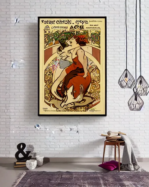 Image similar to art nouveau poster advertising a cat cafe by alphonse mucha, antique canvas texture