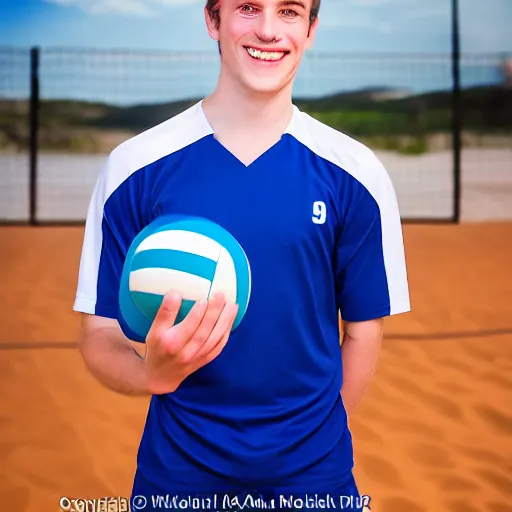 Prompt: a photographic portrait of a young Caucasian man smiling with short brown hair that sticks up in the front, blue eyes, groomed eyebrows, tapered hairline, sharp jawline, wearing a purple white volleyball jersey, sigma 85mm f/1.4, 15mm, 35mm, 4k, high resolution, 4k, 8k, hd, full color