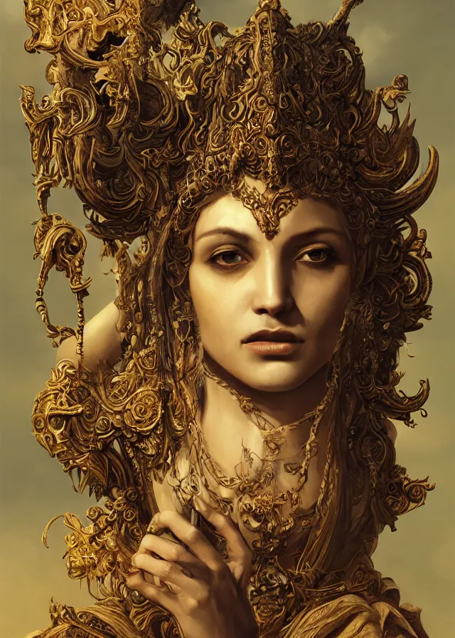 Prompt: woman portrait, head on face, foreground, volumetric, wearing a carved half mask with incrustations, godness lik vishnu, ethereal, evil, elements, baroque, rococo, ink, tarot card enviromet, cinematics lights, detailed, intricate illustration, octane render, golden ratio fine art by marc simonetti & peter mohrbacher