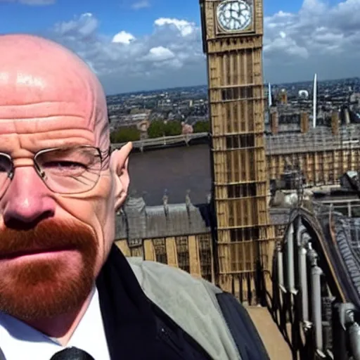 Image similar to walter white doing a selfie from the top of the big ben in london, realistic, cool, nice, beautiful