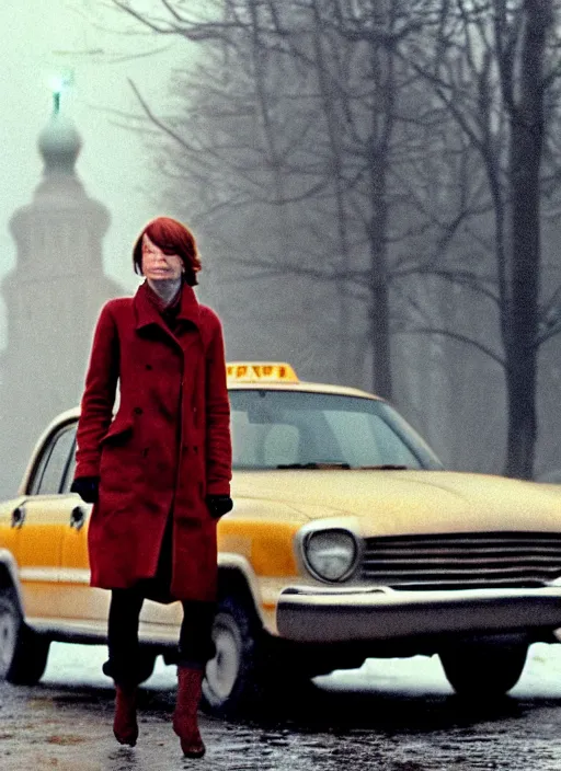 Image similar to emma stone getting out of taxi in winter, faded color film, russian cinema, tarkovsky, kodachrome, old clothing, heavy fog, 4 k, dramatic lighting, greg rutkowski