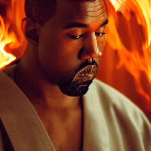 Prompt: cinematic film still of Kanye West starring as a Japanese Sensei with fire, Japanese CGI, VFX, 2003, 40mm lens, shallow depth of field, film photography