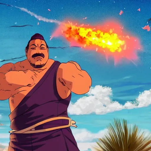 Image similar to admiral fujitora summoning a meteor at jova beach party to incinerate the attenders