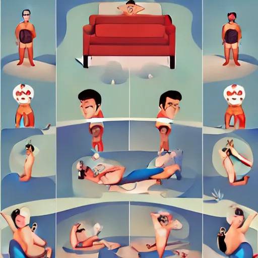 Image similar to exercises de relaxation pour la fin du monde, in the style of joan cornella, comic strip, absurd