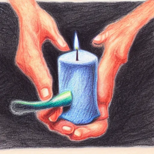 Prompt: hand holding a melting candle, colored pencil