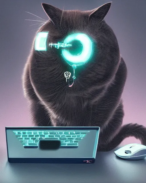 Image similar to a cat eating a computer mouse, cyberpunk, digital art, 8 k, trending on artstation