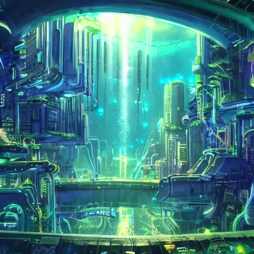 Image similar to an underwater city comprised of light built in the side of a giant robot trying to save the planet, set in the distant future, plants, light prisms, rainbow diffraction, steampunk, cyberpunk, warm lights, anime, vhs distortion