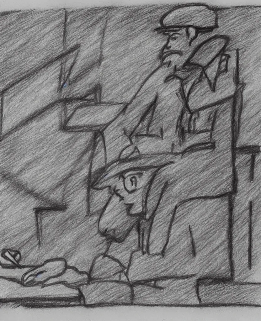 Prompt: cog video still frames of a drawing of a soldier writing a letter to home, in wwii, stop motion, minimal, black and white