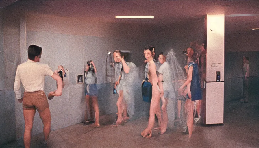 Image similar to 60s movie still of public shower, cinestill 800t 50mm eastmancolor, liminal Space style, heavy grain-s 150