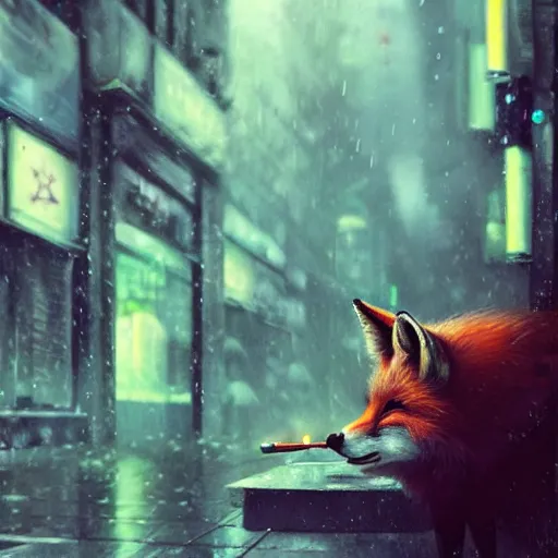 Image similar to beautiful portrait of a female anthro fox, smoking a cigarette in the rain, in crowded and wet street of a city, melancholic, cyberpunk, harsh neon lights, highly detailed, deep shadows, digital painting, shallow depth of field, illustration, art by sakimichan and greg rutkowski