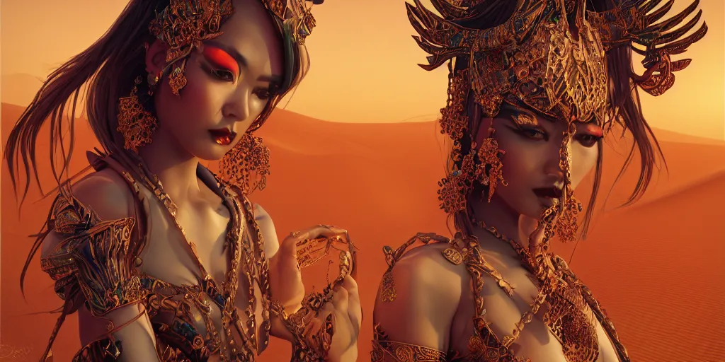 Prompt: giesha demon, innovative avant - garde art, deco fashion, asian women, highly detailed, photorealistic portrait, serene desert setting, crisp quality and light reflections, octane render, tarot card with ornate border frame