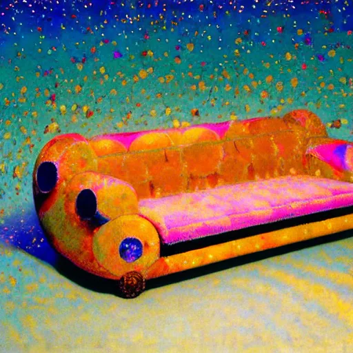 Image similar to psychedelic couch sofa costa blanca, designed by arnold bocklin, jules bastien - lepage, tarsila do amaral, wayne barlowe and gustave baumann, cheval michael, trending on artstation, mediterranean, star, sharp focus, colorful refracted sparkles and lines, soft light, 8 k 4 k