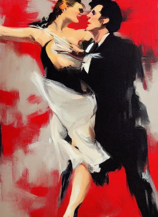 Prompt: tango dancerin in red and black dress, painting by phil hale, fransico goya,'action lines '!!!, graphic style, visible brushstrokes, motion blur, blurry, sensual, visible paint texture, crisp hd image