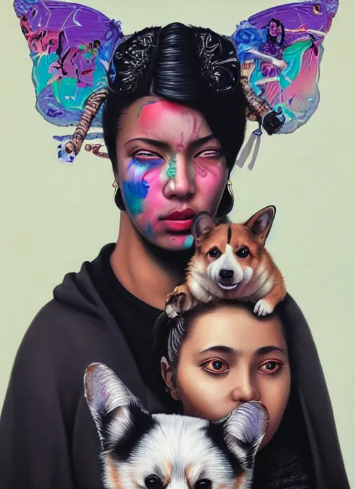 Prompt: beautiful portrait painting of a beautiful hiphop cyberpunk princess and her corgi assassin king, by Afarin Sajedi, Alessandro Barbucci, Alex Gross, Shin Jeongho, Shohei Otomo. trending on Artstation, 8k, masterpiece, face enhance, graffiti paint, fine detail, full of color, intricate detail, golden ratio illustration