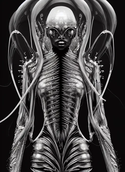 Image similar to iris van herpen gothic inflateble dark dress, perfect symmetrical body, helmet on face, full body shot, alien, plant predator, guyver, giger, wires, tubes, veins, jellyfish, white biomechanical details, wearing epic bionic cyborg implants, masterpiece, intricate, biopunk, vogue, highly detailed, artstation, concept art