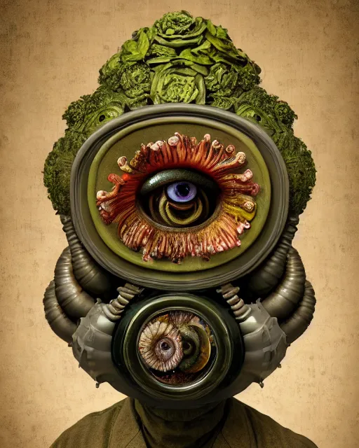 Image similar to a biomorphic portrait with with large eyes, expressive, wearing a botanical gas mask, baroque painting by mark ryden and arcimboldo, cephalopod, mixed media 3 d collage, focus on head, soft light, 4 k, octane high quality render