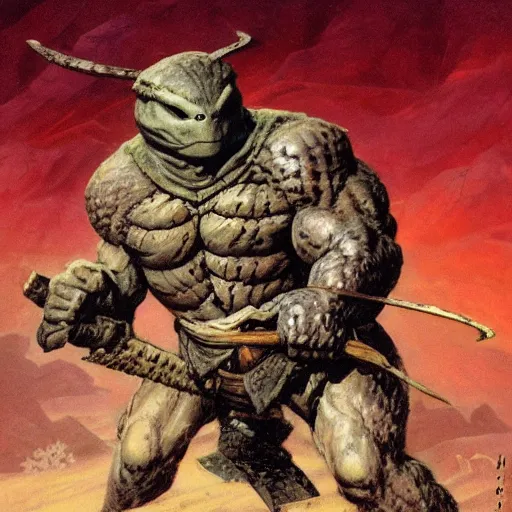 Image similar to anthropomorphic turtle barbarian humanoid by frank frazetta, carapace, blizzard, winter, night, furs, fantasy