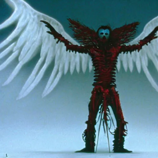Prompt: a scary filmic wide shot color ground level angle movie still 3 5 mm film photograph of the full body of a 8 winged 4 armed angel holding swords, with elongated arms and multiple wings protruding from its back, in the style of nature documentary footage, the thing 1 9 8 2, 8 k resolution, ulta realistic vfx