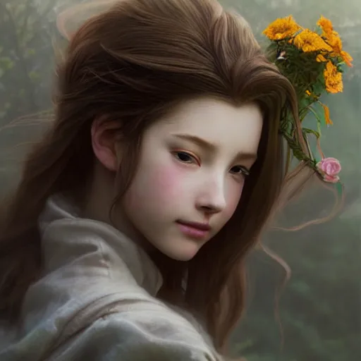 Image similar to Beautiful riveting aesthetically pleasing Aerith Gainsborough holding a flower basket portrait, face centered portrait, Confident, fog, rain, volumetric lighting, beautiful, golden hour, sharp focus, ultra detailed, conceptartworld by Leesha Hannigan, Ross Tran, Thierry Doizon, Kai Carpenter, Ignacio Fernández Ríos