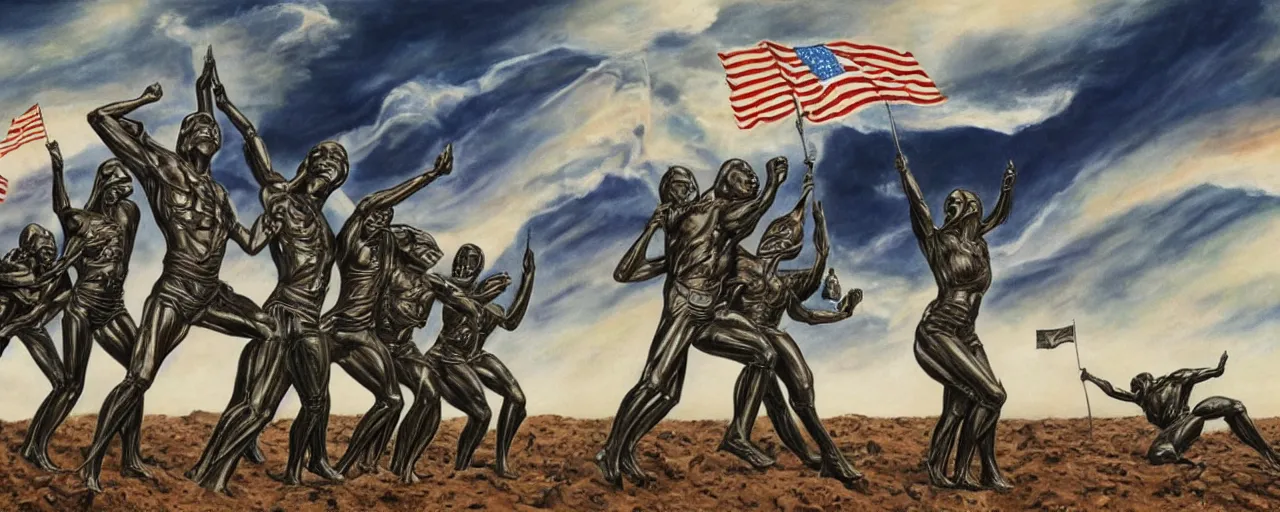 Image similar to androids raising the flag on iwo jima in the style of alex grey and hr giger