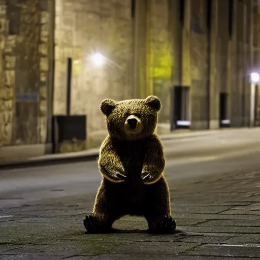 Prompt: a drunk bear in Berlin at night, 8k photography, award winning photo, highly detailed