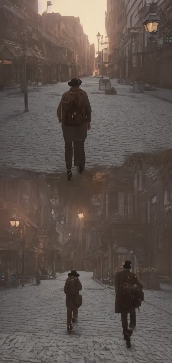 Prompt: a wandering poet with his hat and bag is walking in a quiet steampunk city in the early morning, sunrise, realistic, hyper detailed, render in unreal engine 5