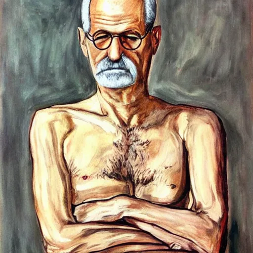 Image similar to “ painting of sigmund freud, in style of tom of finland, by lucian freud ”