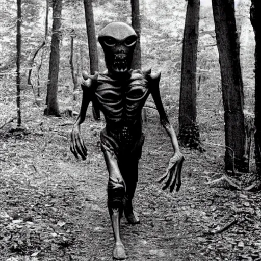 Image similar to old photo of an alien walking through the woods