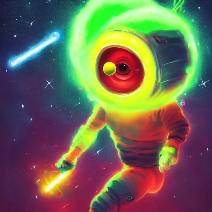 Image similar to cinematic portrait of a cute tennis ball monster in space, neon lasers, chalk, masterpiece, trending on artstation, featured on pixiv, cinematic composition, dramatic pose, beautiful lighting, sharp details, hyper - detailed, hd, hdr, 4 k, 8 k, art by basil gogos