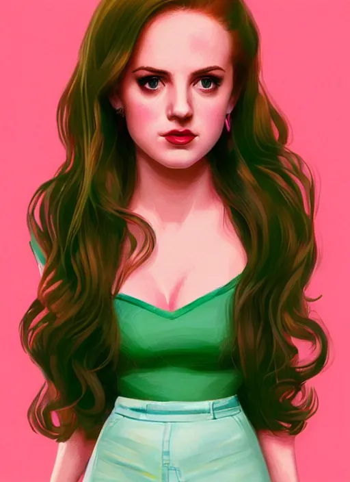 Image similar to full body portrait of teenage cheryl blossom, bangs, green eyes, sultry expression, red hair, sultry smirk, bangs and wavy hair, pink skirt, intricate, elegant, glowing lights, highly detailed, digital painting, artstation, concept art, smooth, sharp focus, illustration, art by wlop, mars ravelo and greg rutkowski