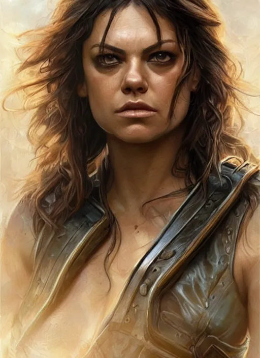 Image similar to exhausted Mila Kunis as a very muscled rugged looking Amazon, dirty, sweating, intricate, elegant, highly detailed, artstation, concept art, sharp focus, art by artgerm and donato giancola and Joseph Christian Leyendecker, WLOP