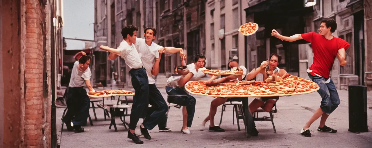 Image similar to a fight between pizza and spaghetti, inspired by west side story, canon 5 0 mm, cinematic lighting, photography, retro, film, kodachrome