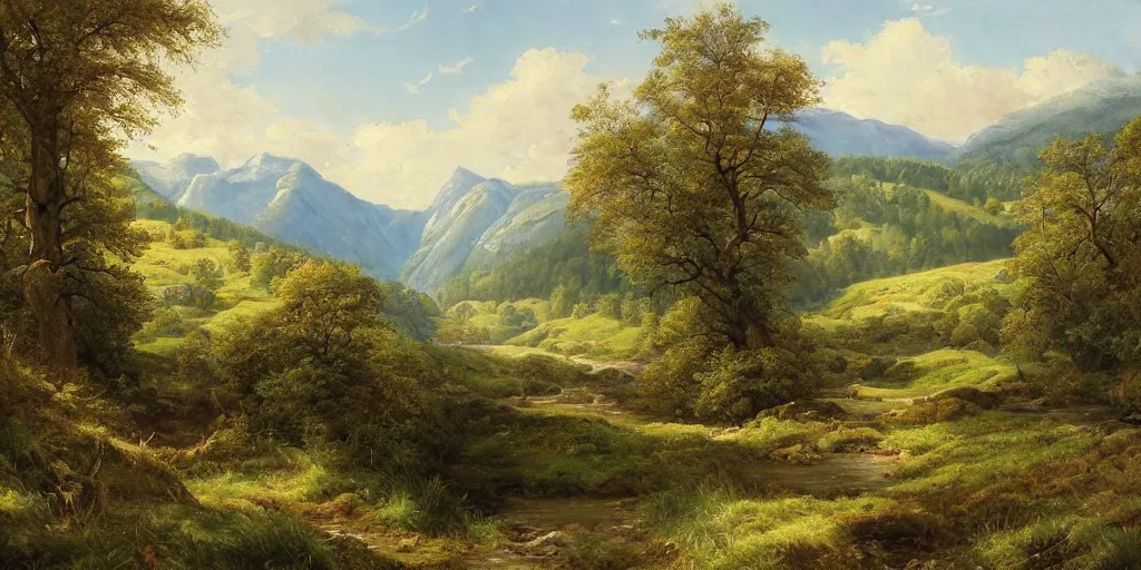 Prompt: a beautiful landscape painting of a mountainous valley with patches of woodland, by antony bridge, oil on canvas, highly detailed, hd, 4 k