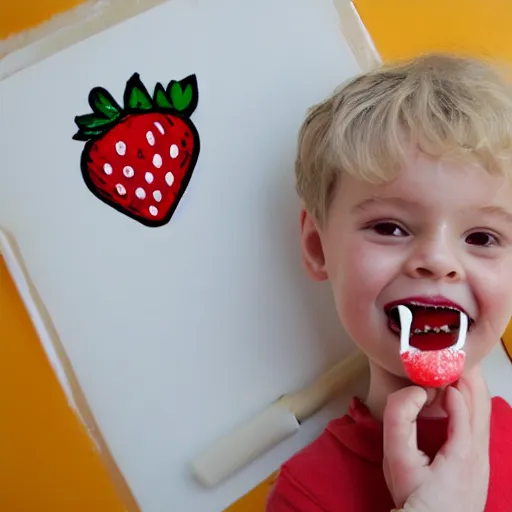 Prompt: a cute strawberry with two front teeth, holding a yellow toothbrush, in the style of roz chast