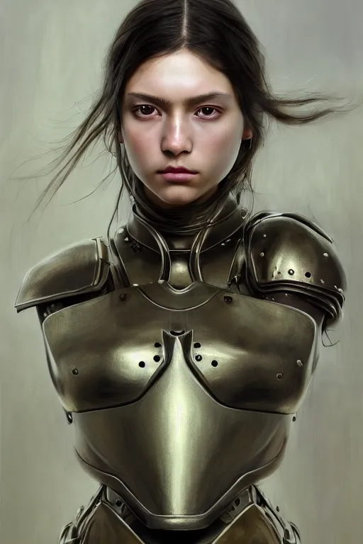 Image similar to a photorealistic painting of an attractive young girl, partially clothed in metal-plated battle armor, olive skin, long dark hair, beautiful bone structure, symmetrical face, perfect eyes, intricate, elegant, digital painting, concept art, illustration, sharp focus, minimal artifacts, from Metal Gear, in the style of Ruan Jia and Mandy Jurgens, by Greg Rutkowski, trending on Artstation, award winning