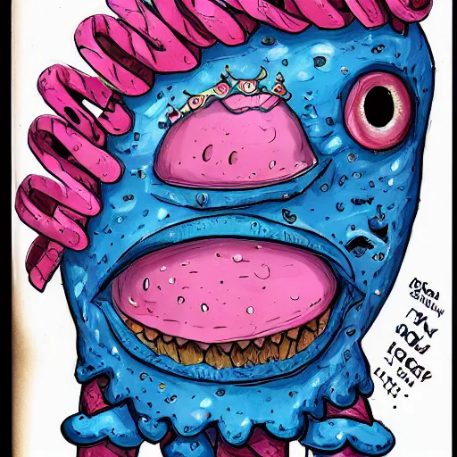 Prompt: crying cute eyes mouth pink ice cream, blue waffle cone, jester themed, intricate concept art, thick line drawing, 1 9 8 3 horror painted book cover art