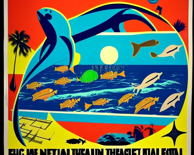 Prompt: footage of a theater stage, 1976 poster, cut out collage, film noir, beach of dawn on Neptun, epic theater, tropical sea creatures, nautical maps, grafitti in style of Ernst Haeckl, composition by Wed Anderson, written by Ernst Jandl, lens flare