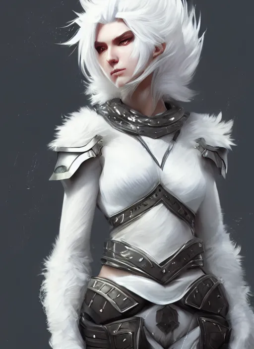 Image similar to fur - lined armor!!! beautiful and elegant white haired female!! gorgeous ayes!! character concept art, sharp focus, octane render! unreal engine 5! highly rendered!! trending on artstation!! detailed linework!! illustration by bussiere rutkowski andreas rocha