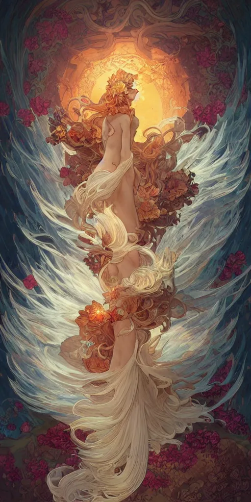 Image similar to a rising phoenix surrounded by spirit waves while rising from a chasm with flowers blossoming, fantasy, intricate, elegant, highly detailed, digital painting, artstation, concept art, smooth, sharp focus, illustration, art by Fernanda Suarez and Artem Demura and alphonse mucha