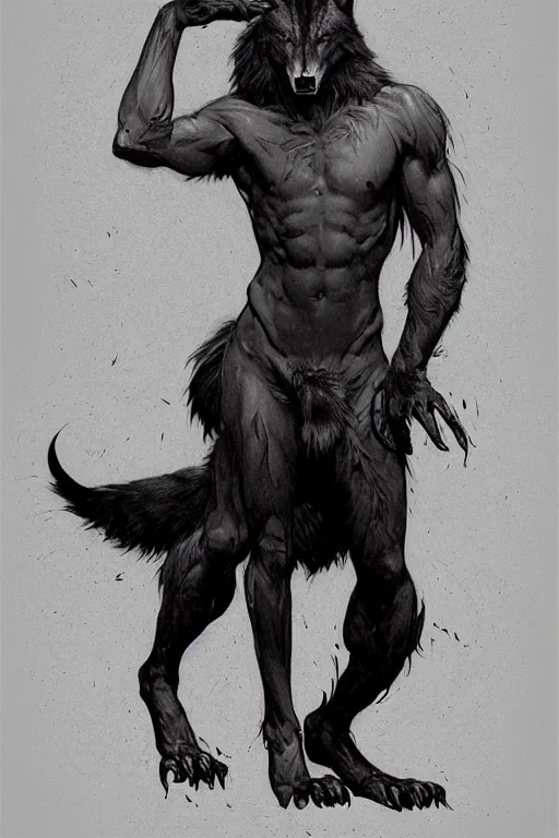 Image similar to full figure beautiful young fit antrophomorphic male wolf, bared teeth and long claws, dark scene, by greg rutkowski and alphonse mucha, d & d character, gradient black to silver, in a forest at night, highly detailed portrait, digital painting, artstation, concept art, smooth, sharp focus illustration, artstation hq