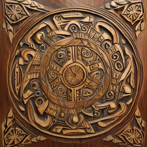 Prompt: Anglo-Saxon warrior, intricate wood carving, colour stained, rich woodgrain, lacquer finish