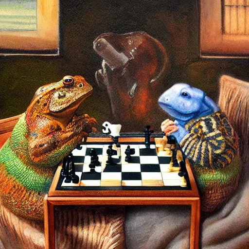 Image similar to toads drinking tea and playing chess. Painting of toads wearing sweaters by James Gurney.