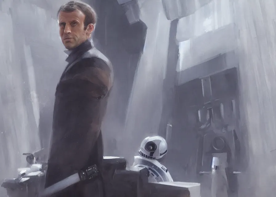 Prompt: painting of Emmanuel Macron dressed as in Star Wars,(((( inside the galactic senate)))), sharp focus, full body, trending on ArtStation, masterpiece, by Greg Rutkowski, by Ross Tran, by Fenghua Zhong, octane, clear eyes, soft render, clear facial features, oil on canvas, moody lighting, cinematic, professional environment concept art