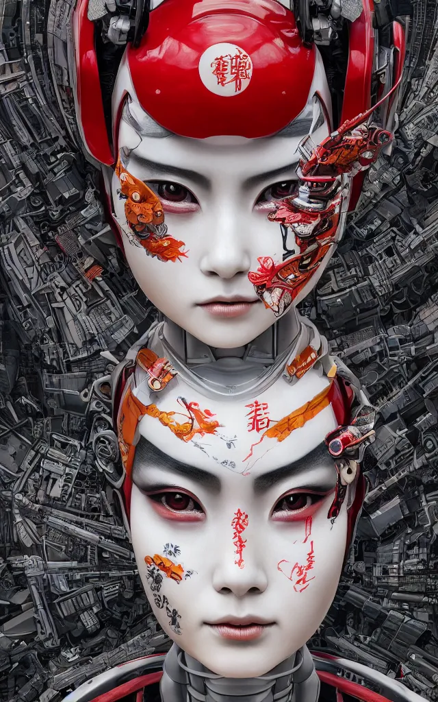 Image similar to an epic fantastic realism comic book style portrait painting of a japanese robotic : akira geisha with chinese pattern tattoos and decals, 云 雷 纹, 蟒 纹, inspired by the lord of ghost in the shell, octane render, intricate detail, 8 k hd, unreal engine 5, ex machina, irobot