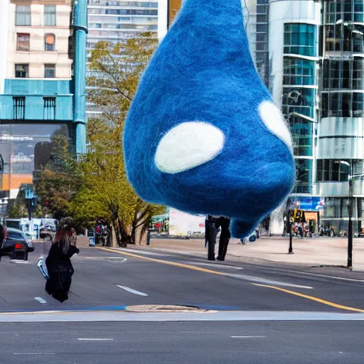 Prompt: photo of a life sized needle - felted blue whale crossing the street