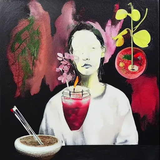 Image similar to “ a portrait in a female art student ’ s apartment, sensual, a pig theme, dreamy, art supplies, paint tubes, ikebana, herbs, a candle dripping white wax, black walls, squashed berries, berry juice drips, acrylic and spray paint and oilstick on canvas, surrealism, neoexpressionism ”