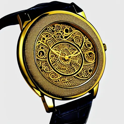 Prompt: golden intricate alien watch face, digital art
